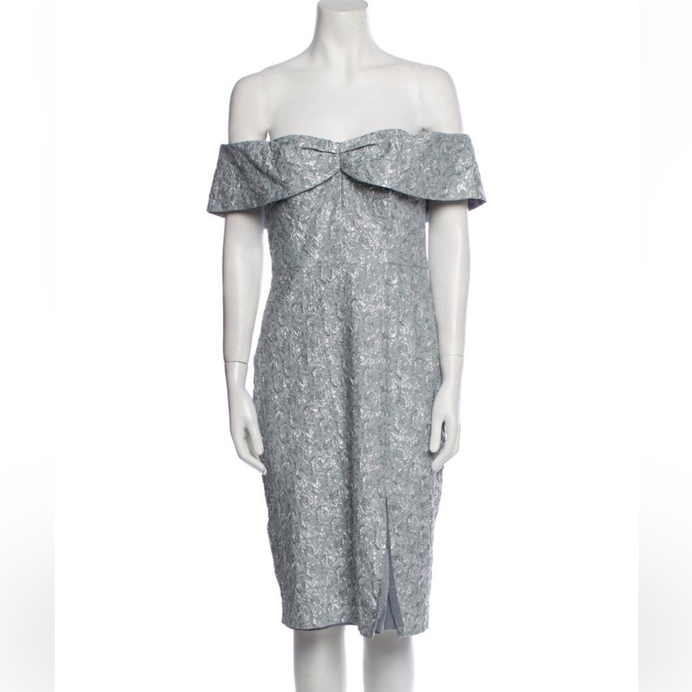 Aidan Mattox Jacquard Off-the-Shoulder Evening Midi Dress Size 8 Gray Silver